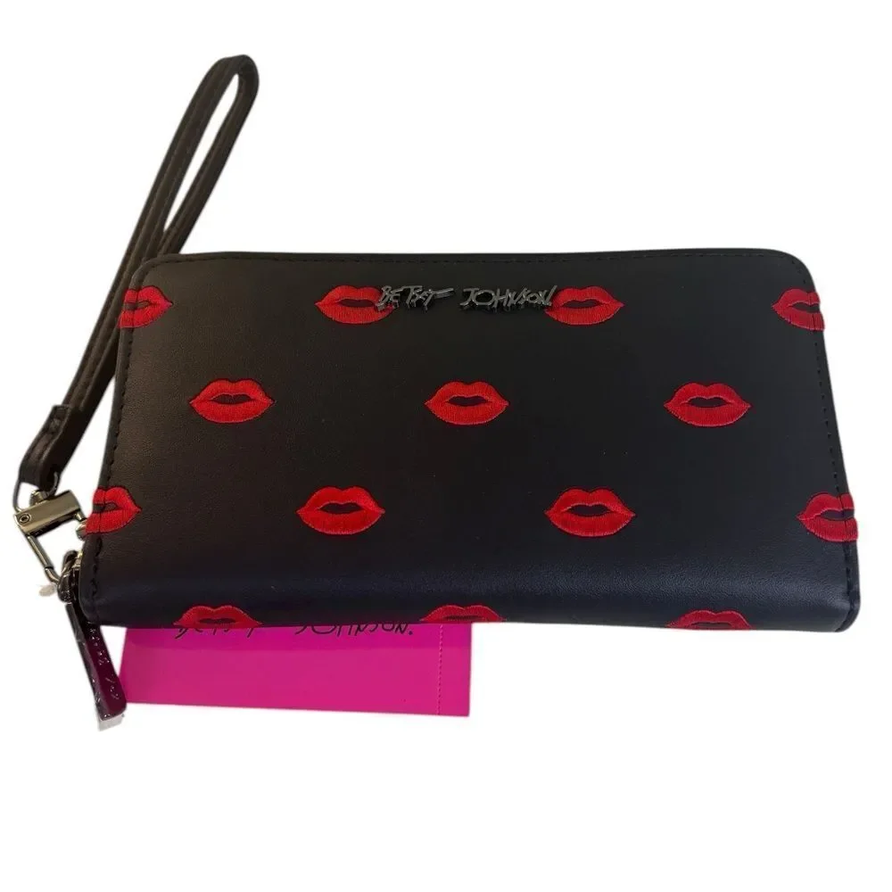 Fabulous Betsey Johnson Faux Leather Black Wristlet w/  Embroidered Red Lips.